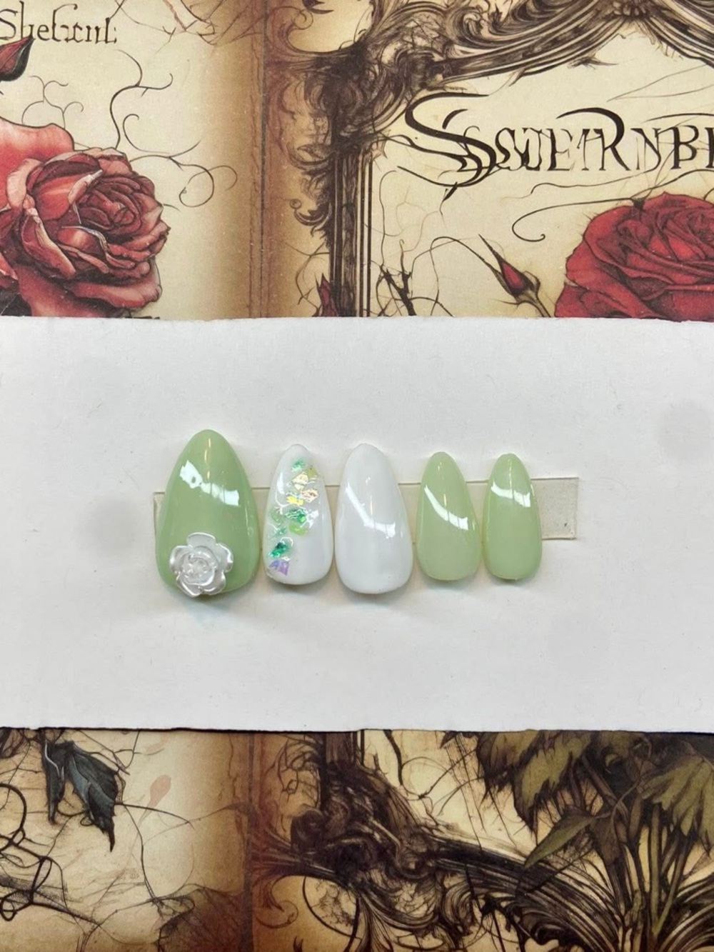 Mint & White Floral Accent Press-On Nails